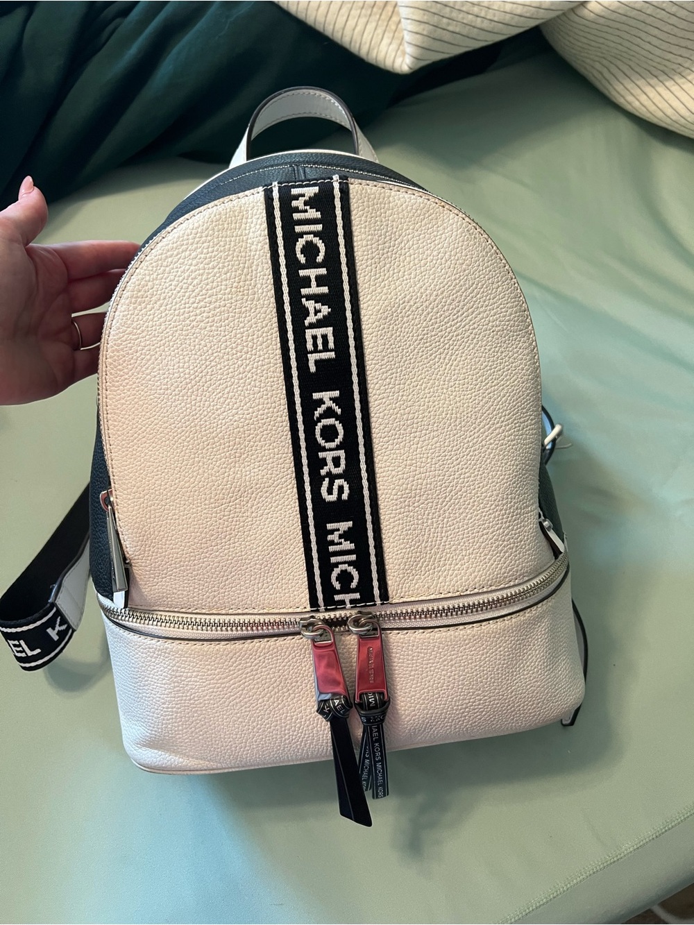 Michael Kors Cream Pebbled Leather Backpack with Black Logo Stripe